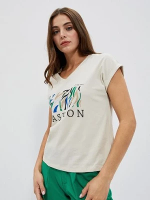 Bawełniany t-shirt z nadrukiem beżowy Moodo