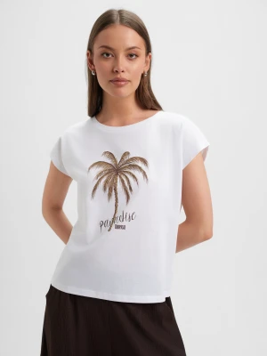 Bawełniany t-shirt z tropikalnym nadrukiem TOP SECRET Biały