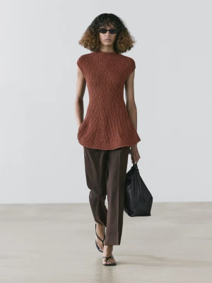 Bawełniany Top Z Dzianiny Z Baskinką - Ceglany - - Massimo Dutti - Kobieta