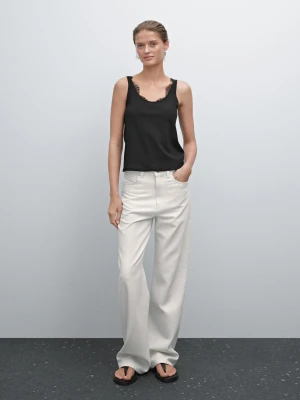 Bawełniany Top Z Ozdobną Koronką - Czarny - - Massimo Dutti - Kobieta
