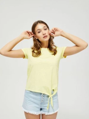 Bawełniany żółty T-shirt damski na krótki rękaw z ozdobnym wiązaniem Moodo