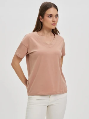 Bawełniany t-shirt z dekoltem w serek beżowy Moodo