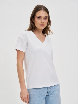 Bawełniany t-shirt z dekoltem w serek biały Moodo