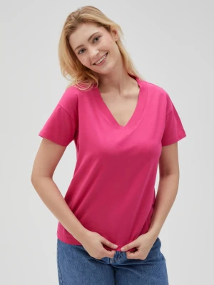 Bawełniany t-shirt z dekoltem w serek fuksjowy Moodo