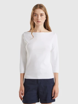 Benetton, 100% Cotton Boat Neck Sweater, size L, White, Women United Colors of Benetton