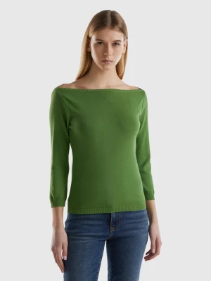 Benetton, 100% Cotton Boat Neck Sweater, size S, Military Green, Women United Colors of Benetton