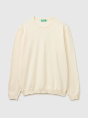 Benetton, 100% Cotton Crew Neck Sweater, Size: XL, Creamy White, Men United Colors of Benetton