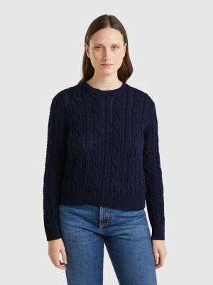 Benetton, 100% Cotton Sweater With Cables, size XXS, Dark Blue, Women United Colors of Benetton