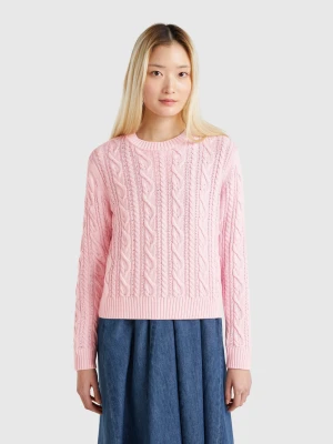 Benetton, 100% Cotton Sweater With Cables, size XS, Pink, Women United Colors of Benetton