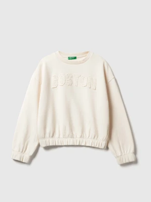 Benetton, 100% Cotton Sweatshirt With Embroidery, Size: XL, Creamy White, Kids United Colors of Benetton