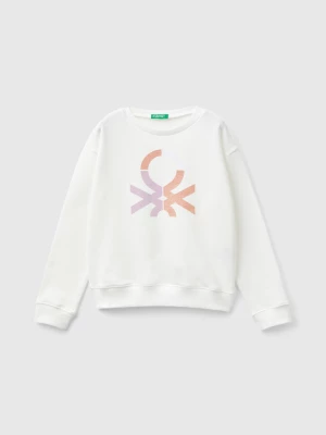 Benetton, 100% Cotton Sweatshirt With Glittery Logo, size XL, Creamy White, Kids United Colors of Benetton