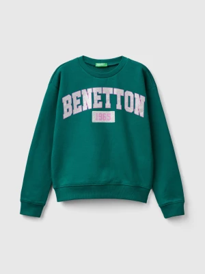 Benetton, 100% Cotton Sweatshirt With Glittery Logo, size XL, Dark Green, Kids United Colors of Benetton