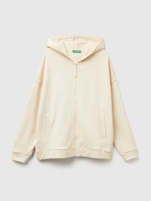 Benetton, 100% Cotton Sweatshirt With Zip And Hood, Size: L, Creamy White, Women United Colors of Benetton