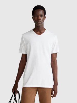 Benetton, 100% Cotton T-shirt With V-neck, Size: XXXL, White, Men United Colors of Benetton