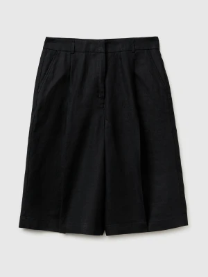Benetton, 100% Linen Bermuda Shorts, Black, Women United Colors of Benetton