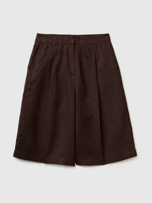 Benetton, 100% Linen Bermuda Shorts, Brown, Women United Colors of Benetton