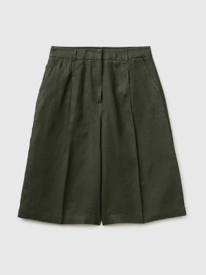 Benetton, 100% Linen Bermuda Shorts, Military Green, Women United Colors of Benetton