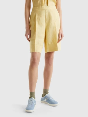 Benetton, 100% Linen Bermudas With Cuffs, size L, Yellow, Women United Colors of Benetton