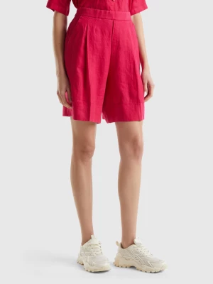 Benetton, 100% Linen Bermudas With Cuffs, size XS, Cyclamen, Women United Colors of Benetton