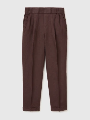 Benetton, 100% Linen Cigarette Trousers, Size: XS, Brown, Women United Colors of Benetton