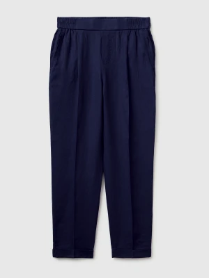 Benetton, 100% Linen Cigarette Trousers, Size: XS, Dark Blue, Women United Colors of Benetton