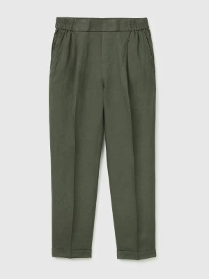 Benetton, 100% Linen Cigarette Trousers, Size: XS, Military Green, Women United Colors of Benetton