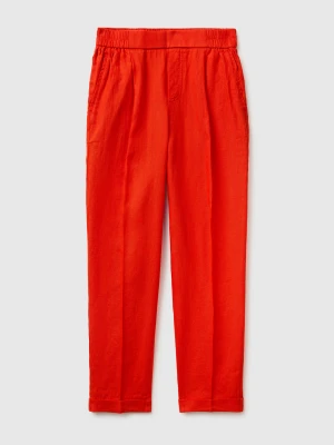 Benetton, 100% Linen Cigarette Trousers, Size: XS, Red Coral, Women United Colors of Benetton