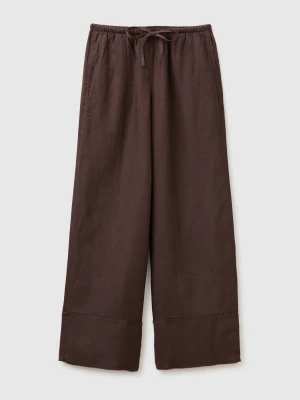 Benetton, 100% Linen Cuffed Trousers, Size: XS, Brown, Women United Colors of Benetton