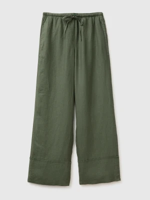 Benetton, 100% Linen Cuffed Trousers, Military Green, Women United Colors Of Benetton