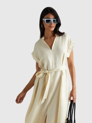 Benetton, 100% Linen Dress With Sash, Size: XL, Creamy White, Women United Colors of Benetton