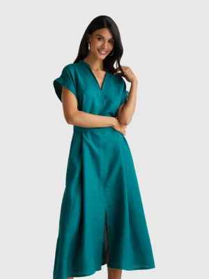 Benetton, 100% Linen Dress With Sash, Size: XXS, Dark Green, Women United Colors of Benetton