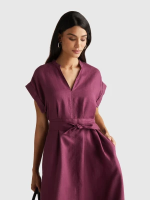 Benetton, 100% Linen Dress With Sash, Size: XXS, Plum, Women United Colors of Benetton