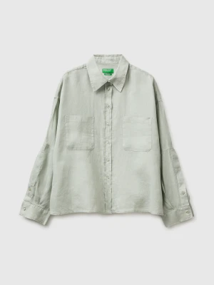 Benetton, 100% Linen Shirt With Pockets, Light Green, Women United Colors of Benetton