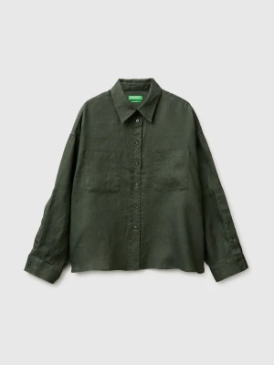 Benetton, 100% Linen Shirt With Pockets, Military Green, Women United Colors of Benetton