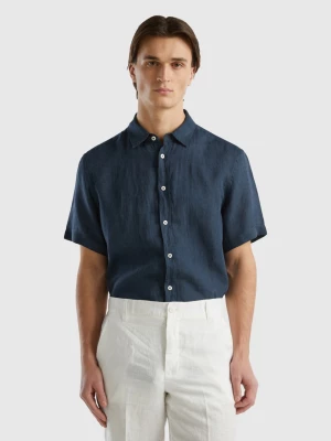 Benetton, 100% Linen Short Sleeve Shirt, size L, Dark Blue, Men United Colors of Benetton