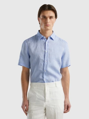 Benetton, 100% Linen Short Sleeve Shirt, size L, Light Blue, Men United Colors of Benetton