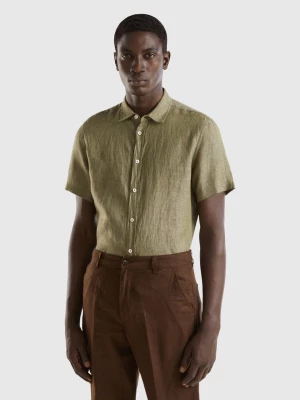 Benetton, 100% Linen Short Sleeve Shirt, size L, Military Green, Men United Colors of Benetton