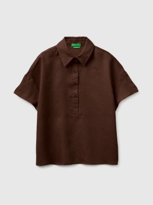 Benetton, 100% Linen Short-sleeved Blouse, Size: XS, Brown, Women United Colors of Benetton