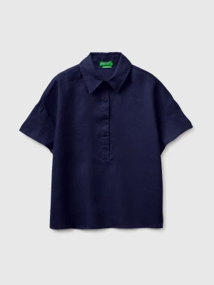 Benetton, 100% Linen Short-sleeved Blouse, Size: XL, Dark Blue, Women United Colors of Benetton