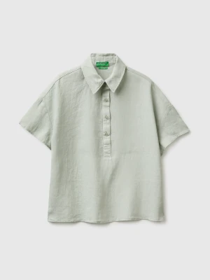 Benetton, 100% Linen Short-sleeved Blouse, Size: XS, Light Green, Women United Colors of Benetton