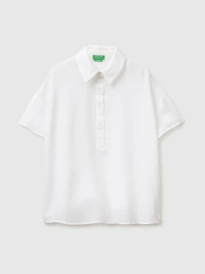 Benetton, 100% Linen Short-sleeved Blouse, Size: XS, White, Women United Colors of Benetton