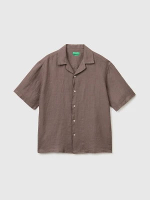 Benetton, 100% Linen Short-sleeved Shirt, Size: XS, Brown, Men United Colors of Benetton