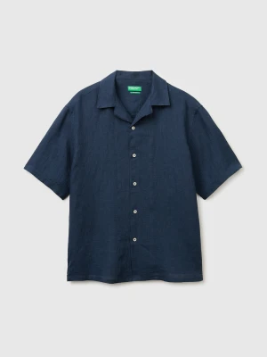 Benetton, 100% Linen Short-sleeved Shirt, Size: XS, Dark Blue, Men United Colors of Benetton
