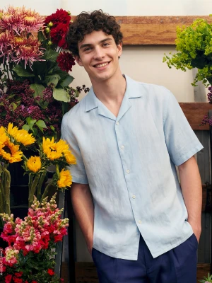 Benetton, 100% Linen Short-sleeved Shirt, Size: XS, Sky Blue, Men United Colors of Benetton