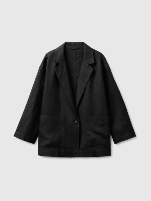Benetton, 100% Linen Single-breasted Blazer, Black, Women United Colors Of Benetton