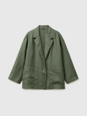 Benetton, 100% Linen Single-breasted Blazer, Military Green, Women United Colors Of Benetton