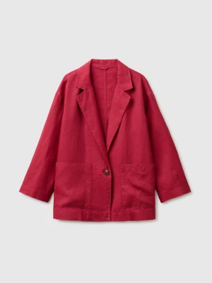 Benetton, 100% Linen Single-breasted Blazer, Strawberry, Women United Colors of Benetton