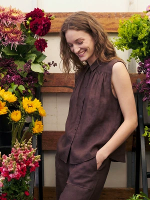 Benetton, 100% Linen Sleeveless Blouse, Size: XS, Brown, Women United Colors of Benetton