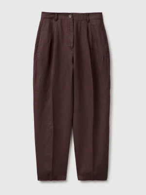 Benetton, 100% Linen Straight Trousers, Brown, Women United Colors of Benetton