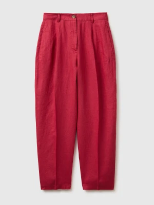 Benetton, 100% Linen Straight Trousers, Strawberry, Women United Colors of Benetton